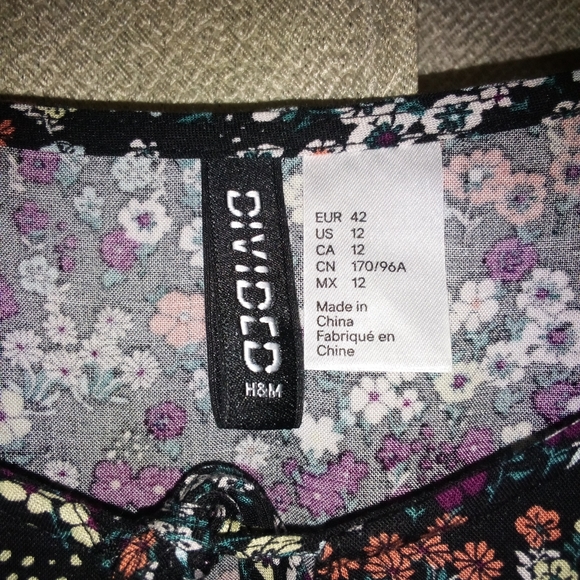 H&M Divided Black Floral Mini Dress 3/4 Sleeve  Size 12 - Picture 7 of 8